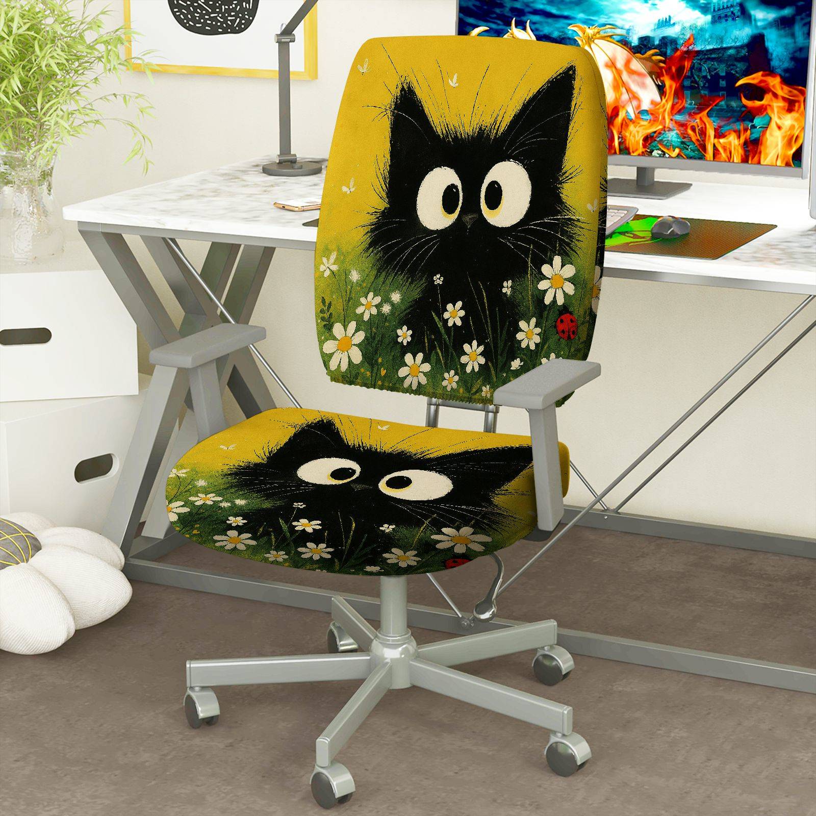 2-Piece Animal Floral Pattern Black Cat  Computer Chair Cover Set, Seat and Backrest