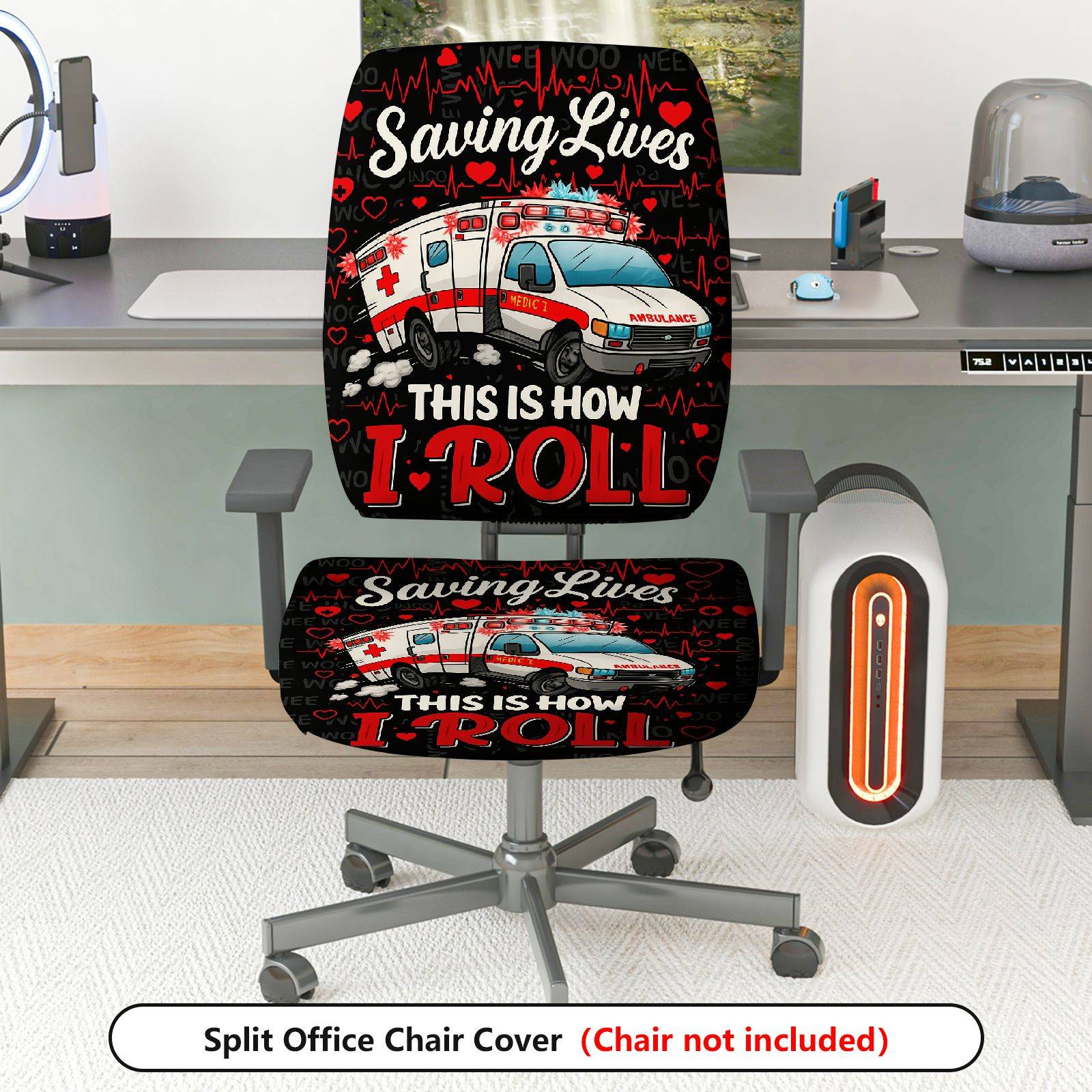 2-Piece Ambulance Heartbeat Saving Lives Medical Emergency  Computer Chair Cover Set, Seat and Backrest