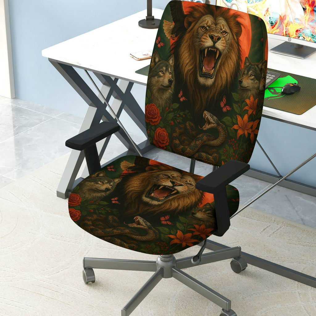 2-Piece Animal Lion Wolf Snake Butterfly Rose  Computer Chair Cover Set, Seat and Backrest