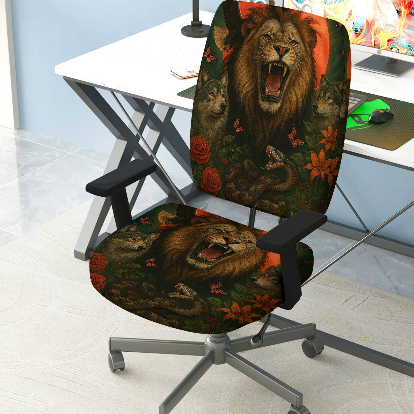2-Piece Animal Lion Wolf Snake Butterfly Rose  Computer Chair Cover Set, Seat and Backrest