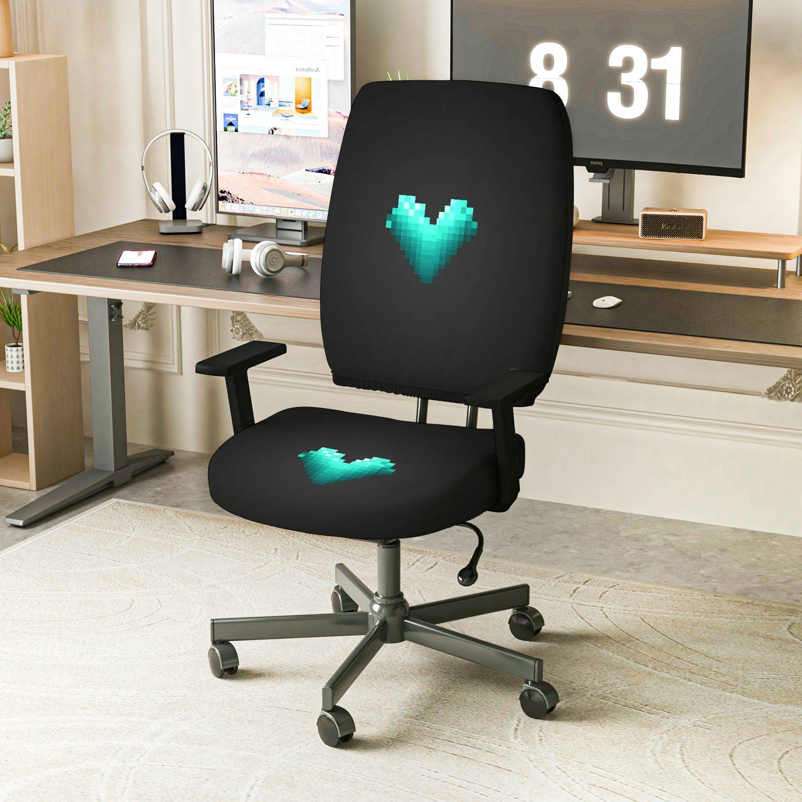 2-Piece Geometric Heart Pixel Art Gaming Valentine  Computer Chair Cover Set, Seat and Backrest