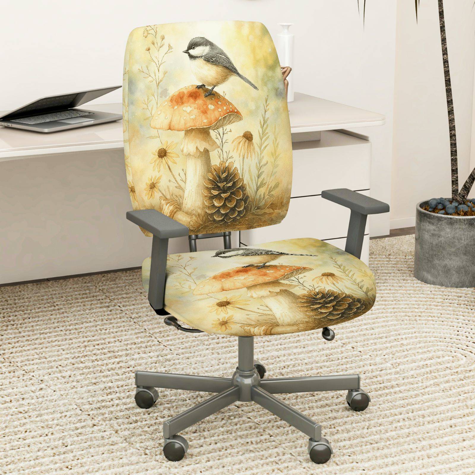 2-Piece Autumn Nature Bird Mushroom Pinecone Botanical  Computer Chair Cover Set, Seat and Backrest