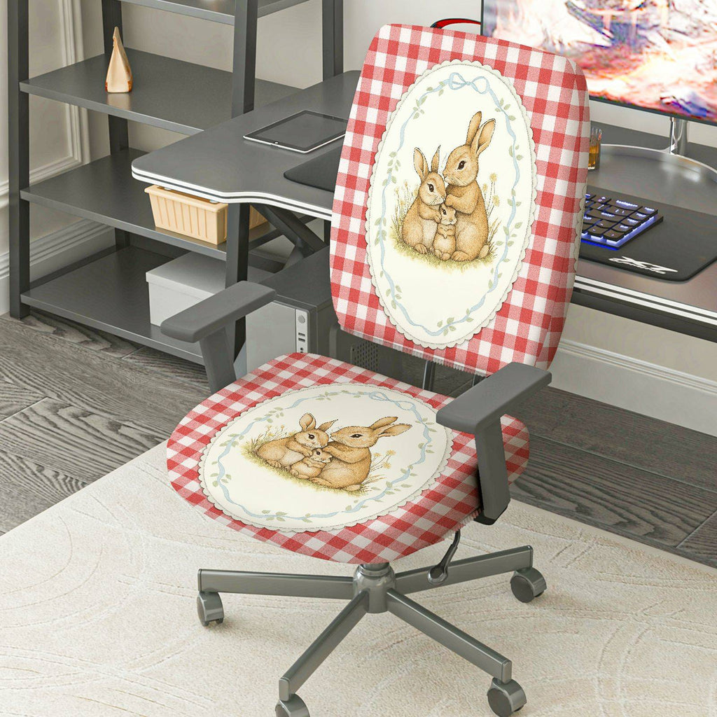2-Piece Cute Bunny Red Plaid Spring Easter  Computer Chair Cover Set, Seat and Backrest