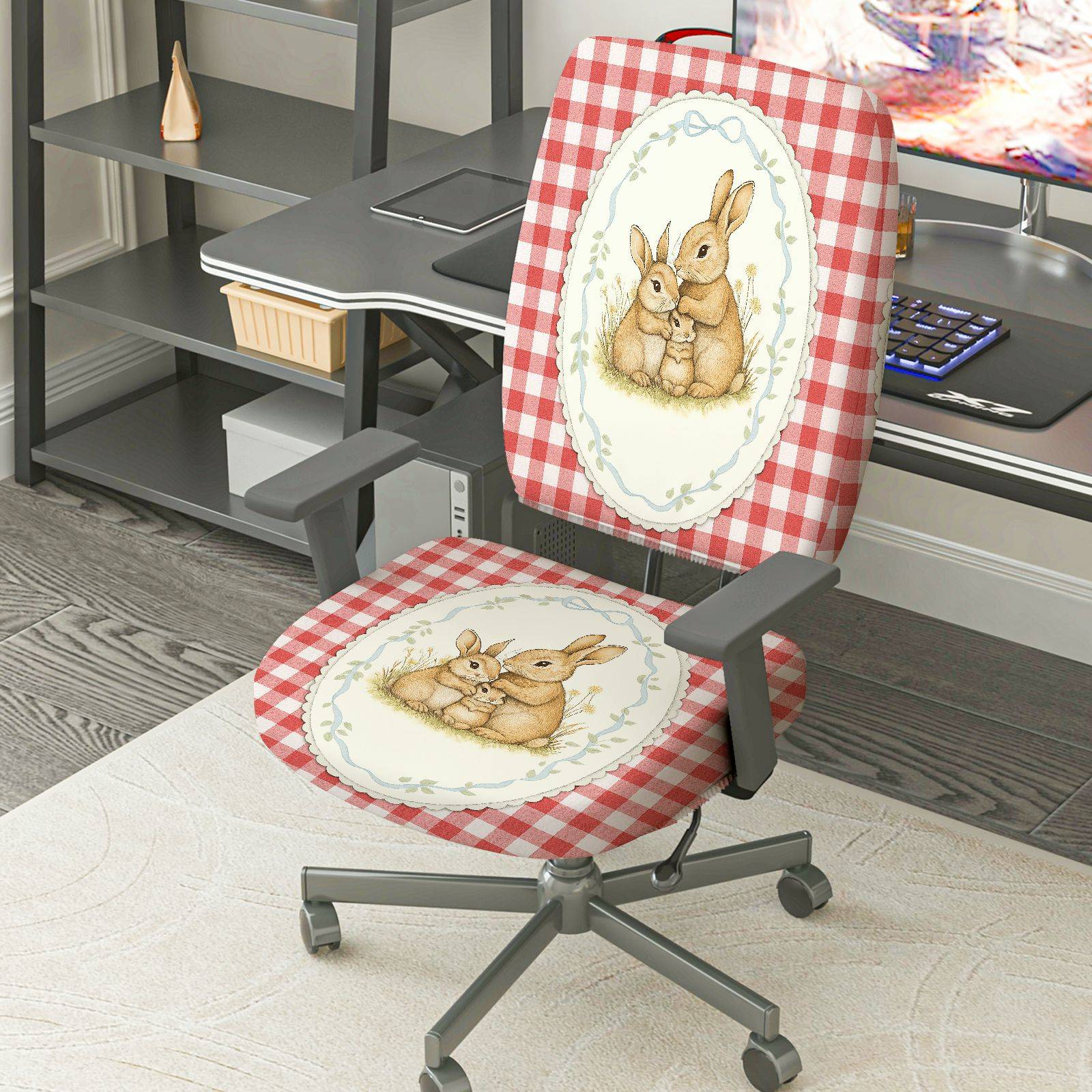 2-Piece Cute Bunny Red Plaid Spring Easter  Computer Chair Cover Set, Seat and Backrest