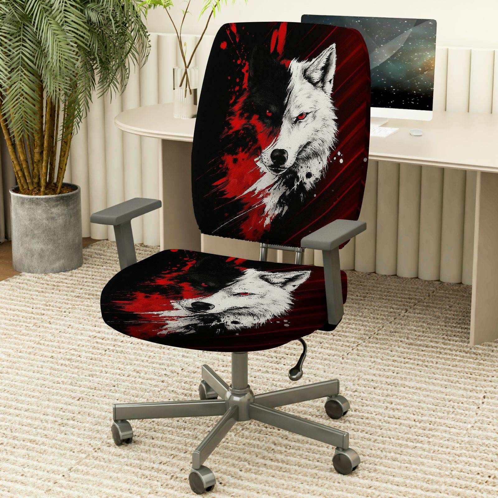 2-Piece Wolf Red Black Animal Art Stylish  Computer Chair Cover Set, Seat and Backrest