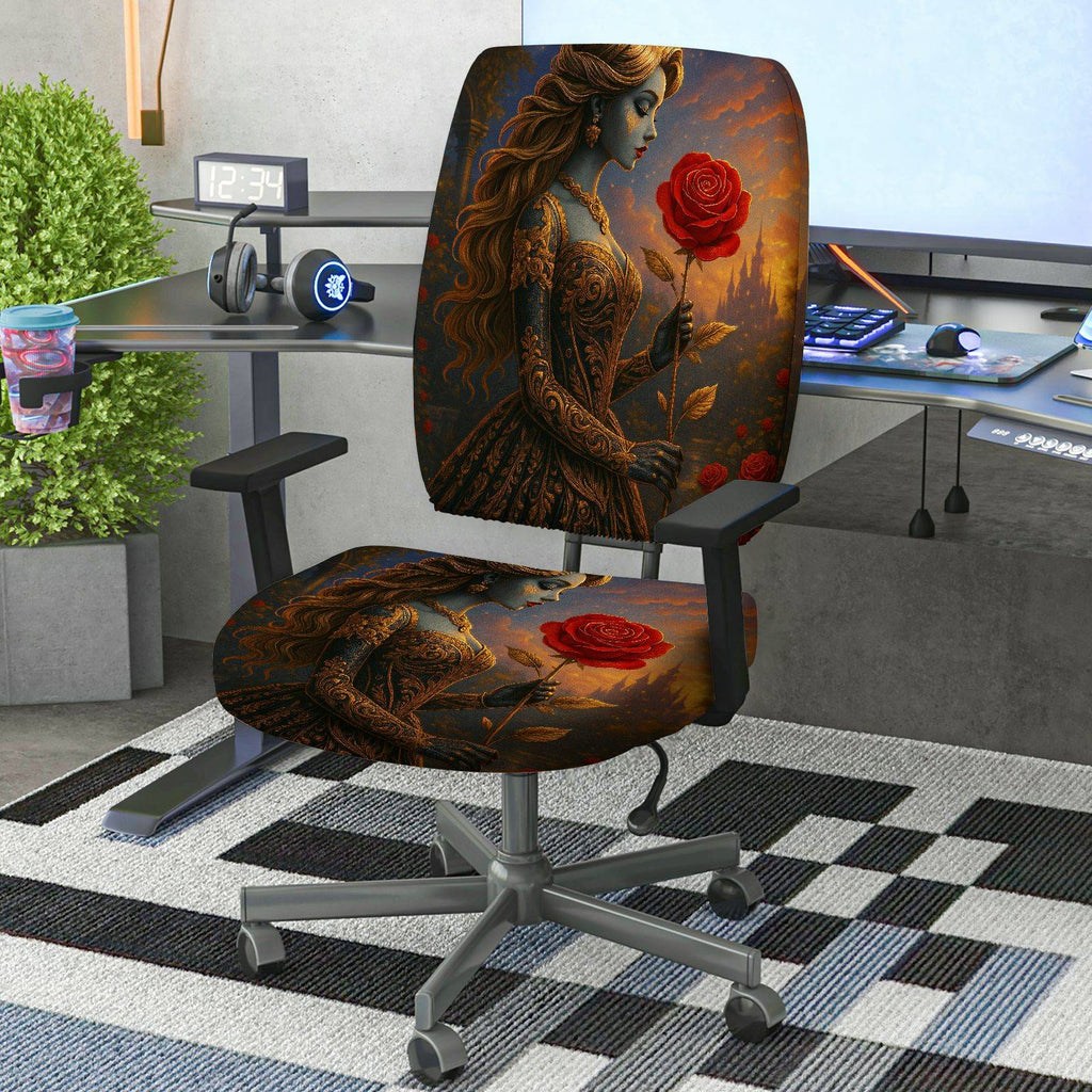 2-Piece Artistic Romantic Rose Woman Graphic  Computer Chair Cover Set, Seat and Backrest