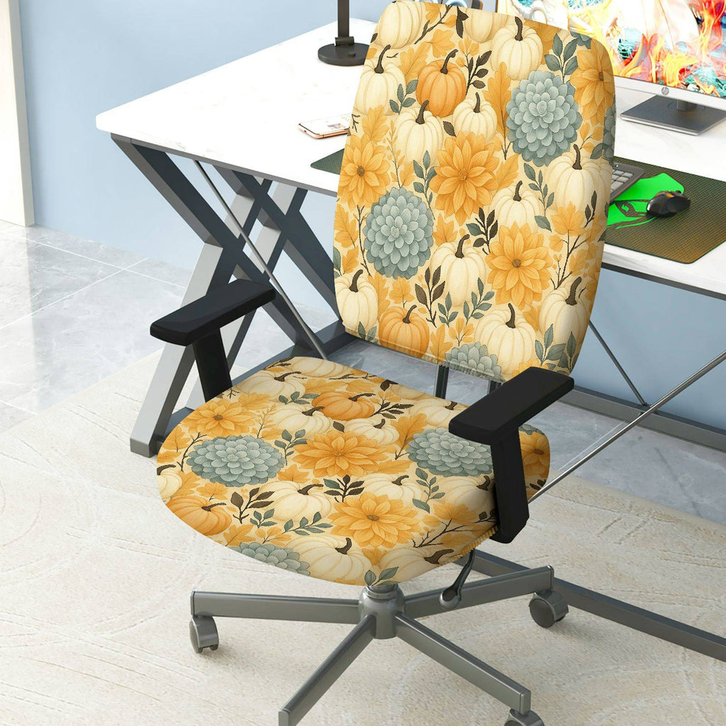 2-Piece Autumn Thanksgiving Floral Pumpkin Succulent  Computer Chair Cover Set, Seat and Backrest