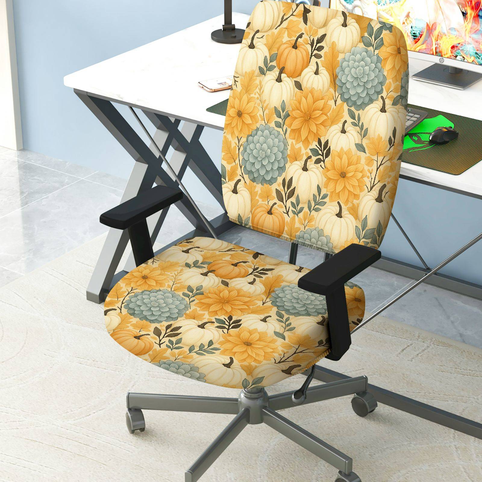 2-Piece Autumn Thanksgiving Floral Pumpkin Succulent  Computer Chair Cover Set, Seat and Backrest