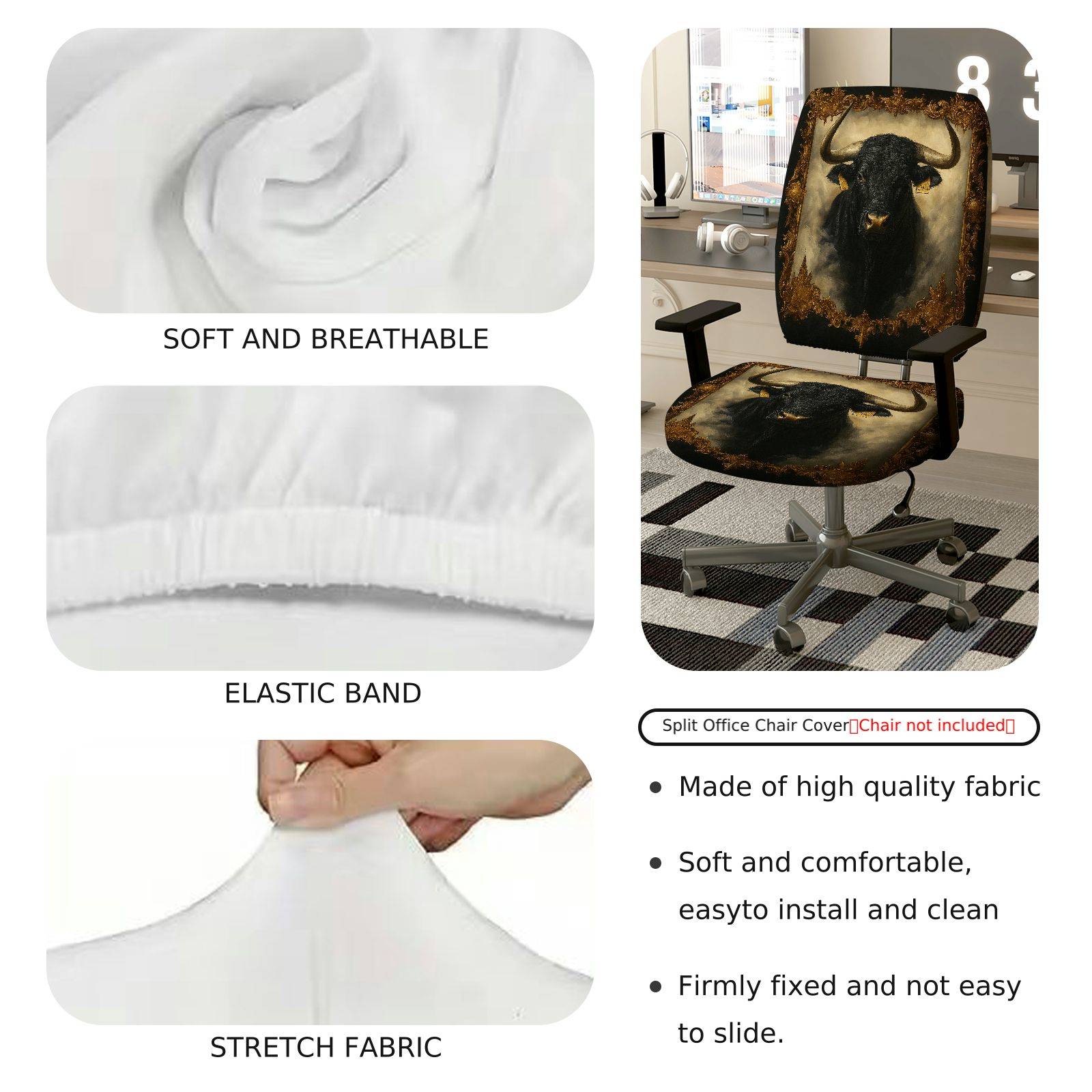 2-Piece Animal Bull Art Vintage Retro Brown Black  Computer Chair Cover Set, Seat and Backrest