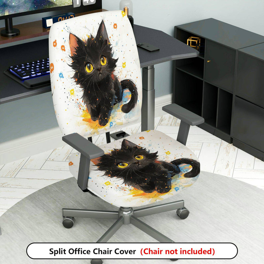 2-Piece Cute Black Cat Art  Computer Chair Cover Set, Seat and Backrest