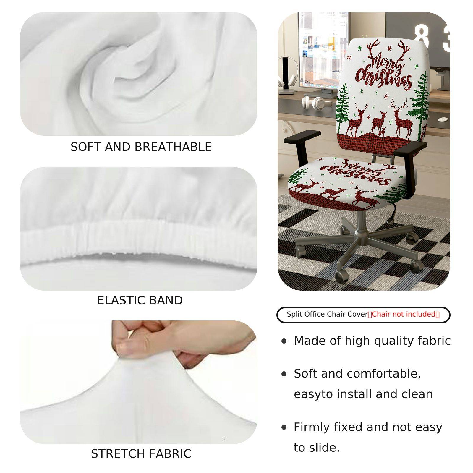 2-Piece Christmas Reindeer Festive Decorative Holiday Winter  Computer Chair Cover Set, Seat and Backrest