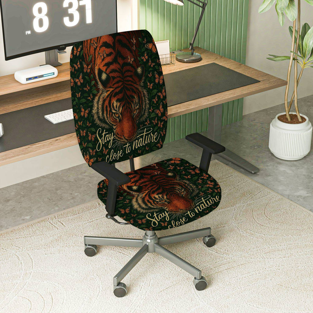2-Piece Animal Nature Forest Wildlife Tiger Inspirational  Computer Chair Cover Set, Seat and Backrest