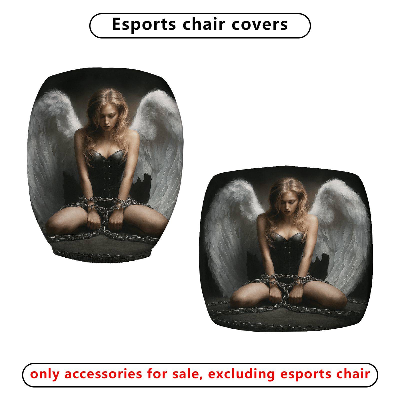 2-Piece Angel Wings Chains Black White Gothic  Computer Chair Cover Set, Seat and Backrest