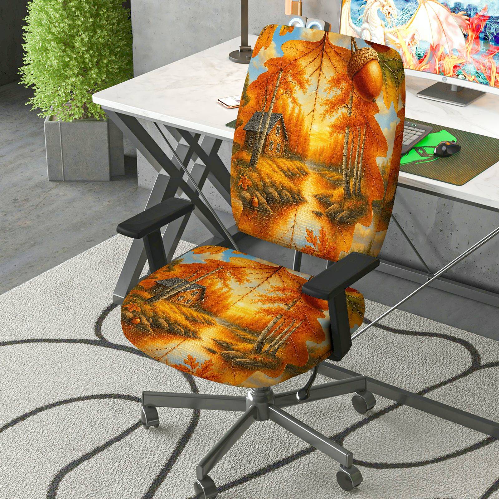 2-Piece Autumn Scenic Cottage Forest River Rustic  Computer Chair Cover Set, Seat and Backrest