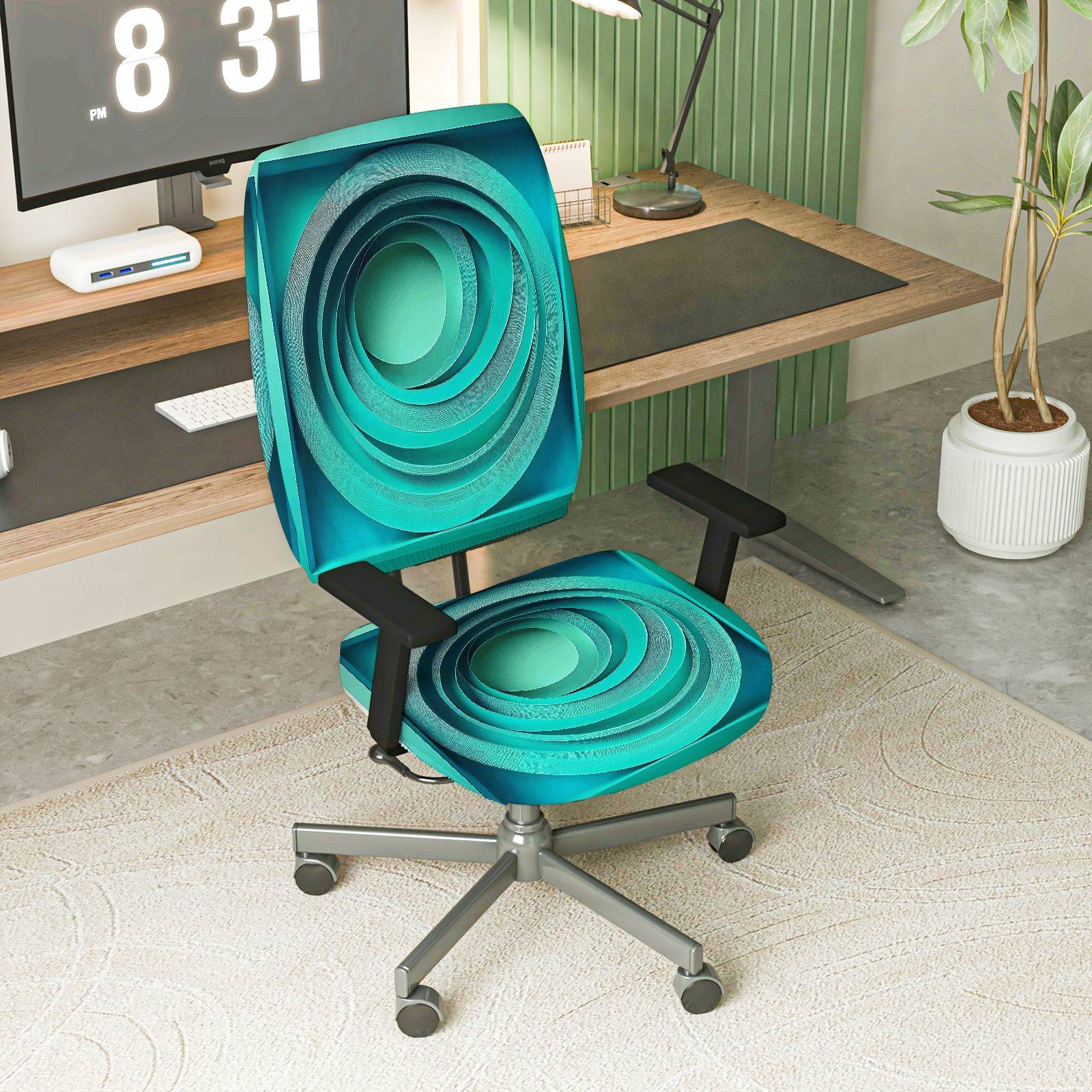 2-Piece Modern Geometric Art Decor Turquoise Swirl  Computer Chair Cover Set, Seat and Backrest