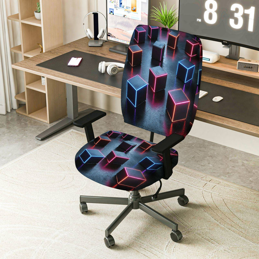 2-Piece Modern Digital Abstract Geometric Cube  Computer Chair Cover Set, Seat and Backrest