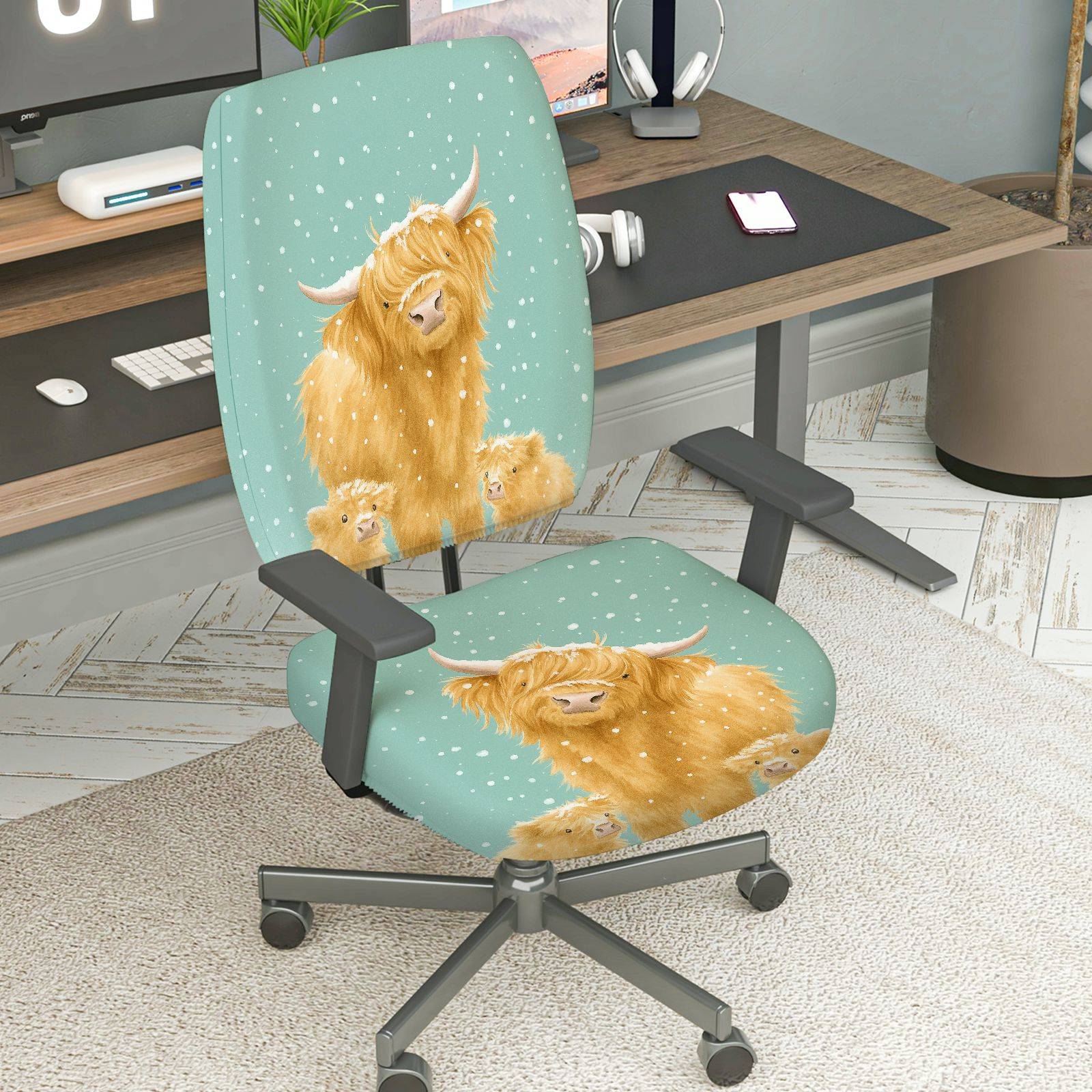 2-Piece Highland Cow Animal Pattern Cute Winter Snow  Computer Chair Cover Set, Seat and Backrest