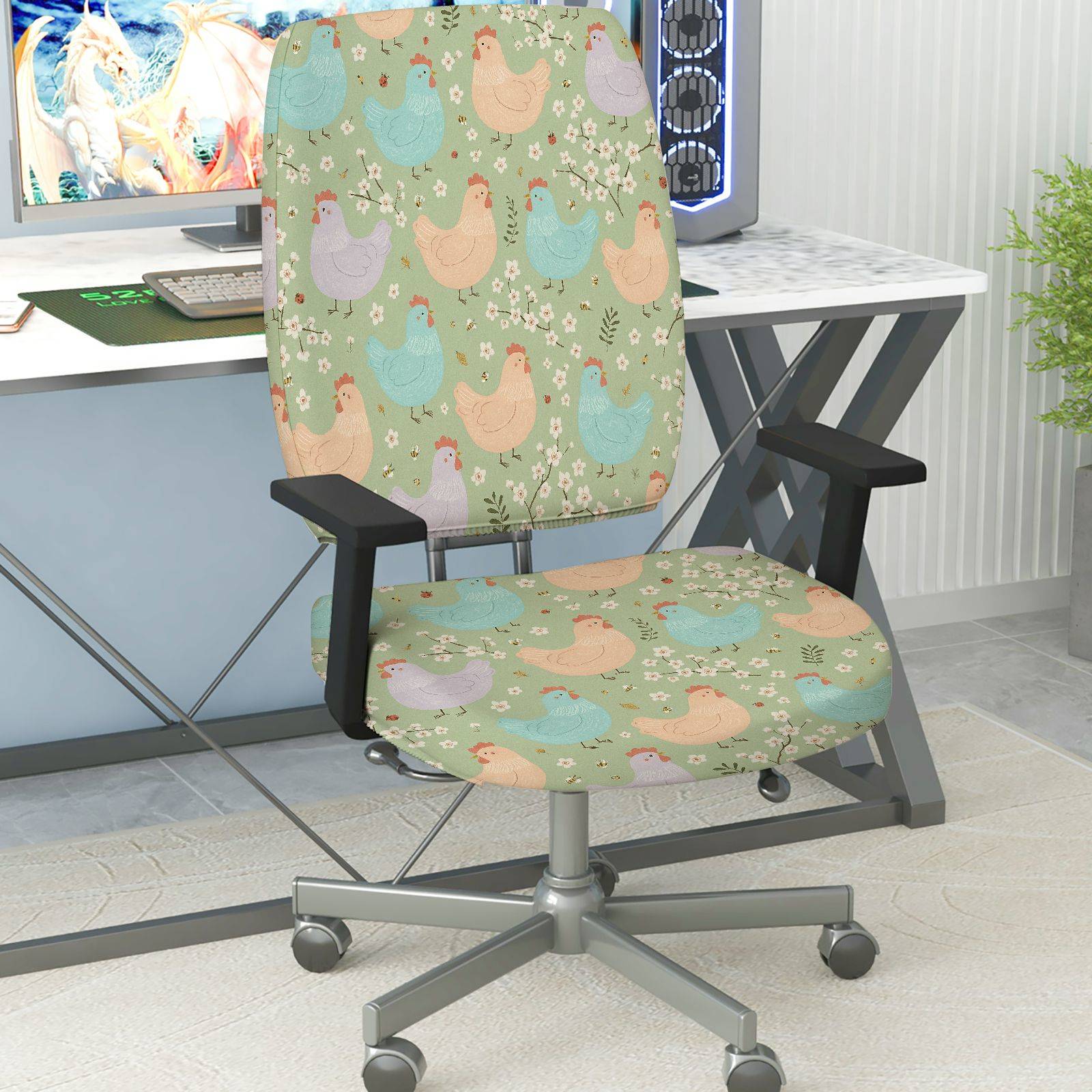 2-Piece Animal Farm Chicken Green Floral  Computer Chair Cover Set, Seat and Backrest