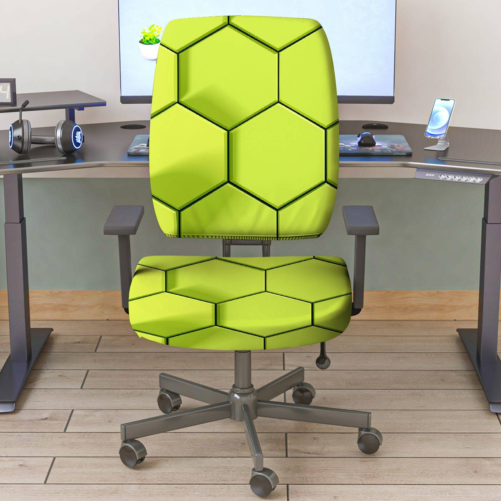 2-Piece Geometric Hexagon Pattern Green Modern Stylish  Computer Chair Cover Set, Seat and Backrest