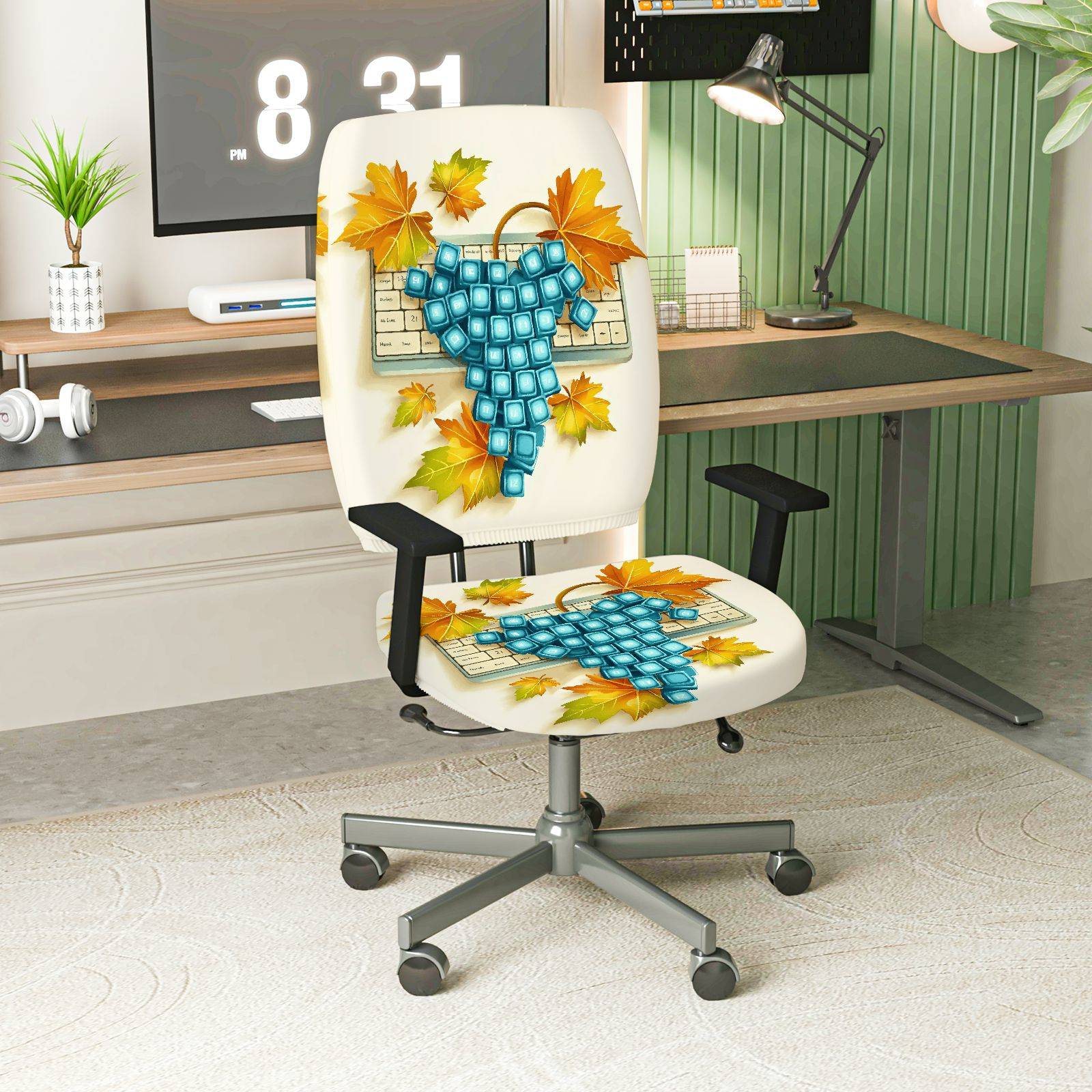 2-Piece Autumn Leaves Keyboard Pattern  Computer Chair Cover Set, Seat and Backrest