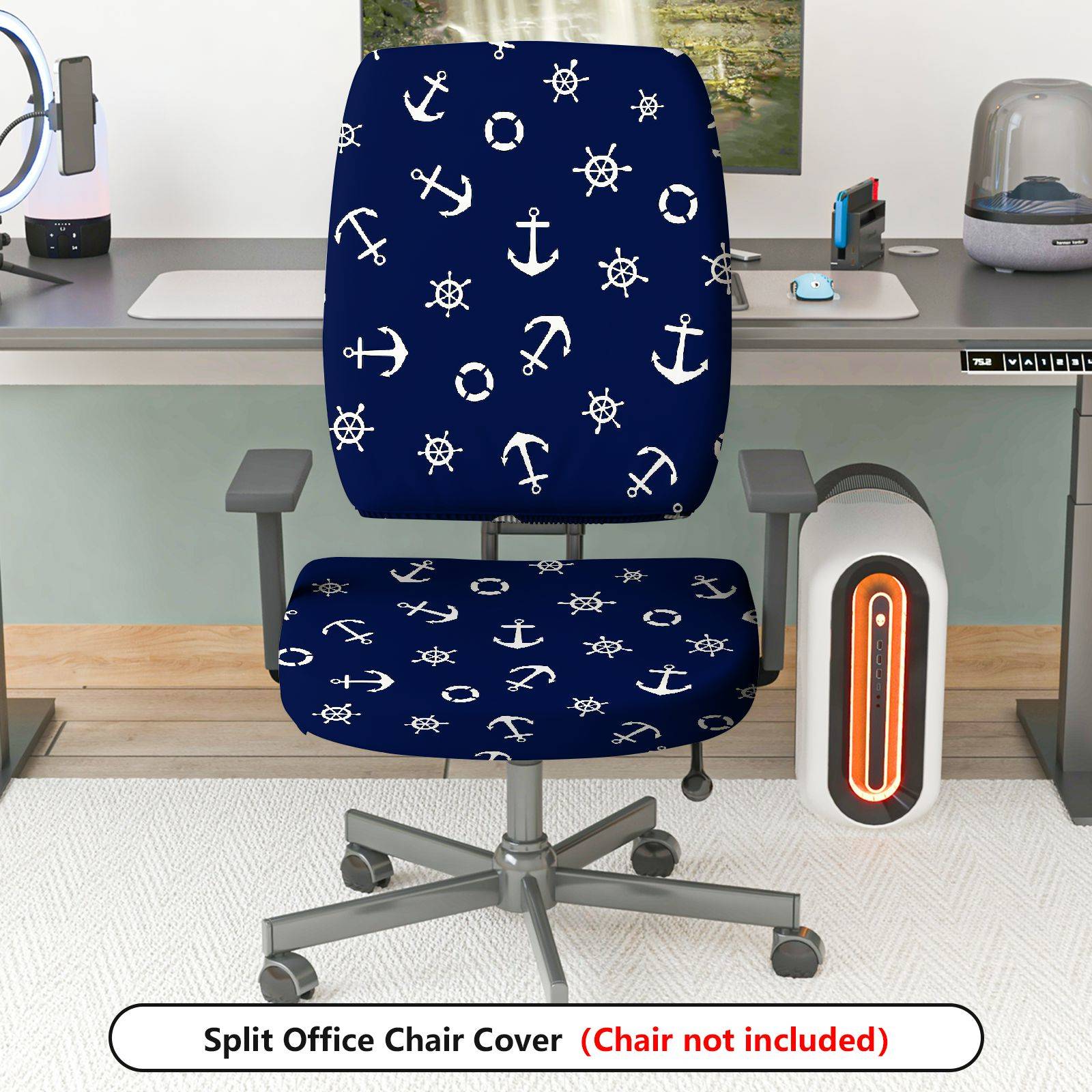 2-Piece Anchor Nautical Marine Ocean Ship  Computer Chair Cover Set, Seat and Backrest