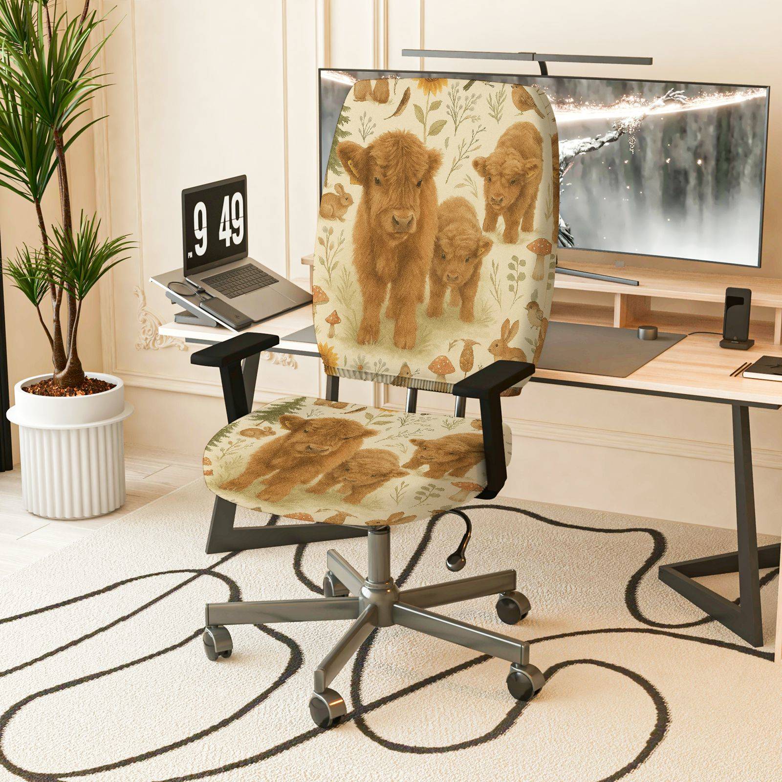 2-Piece Animal Nature Rustic Woodland Highland Cattle  Computer Chair Cover Set, Seat and Backrest