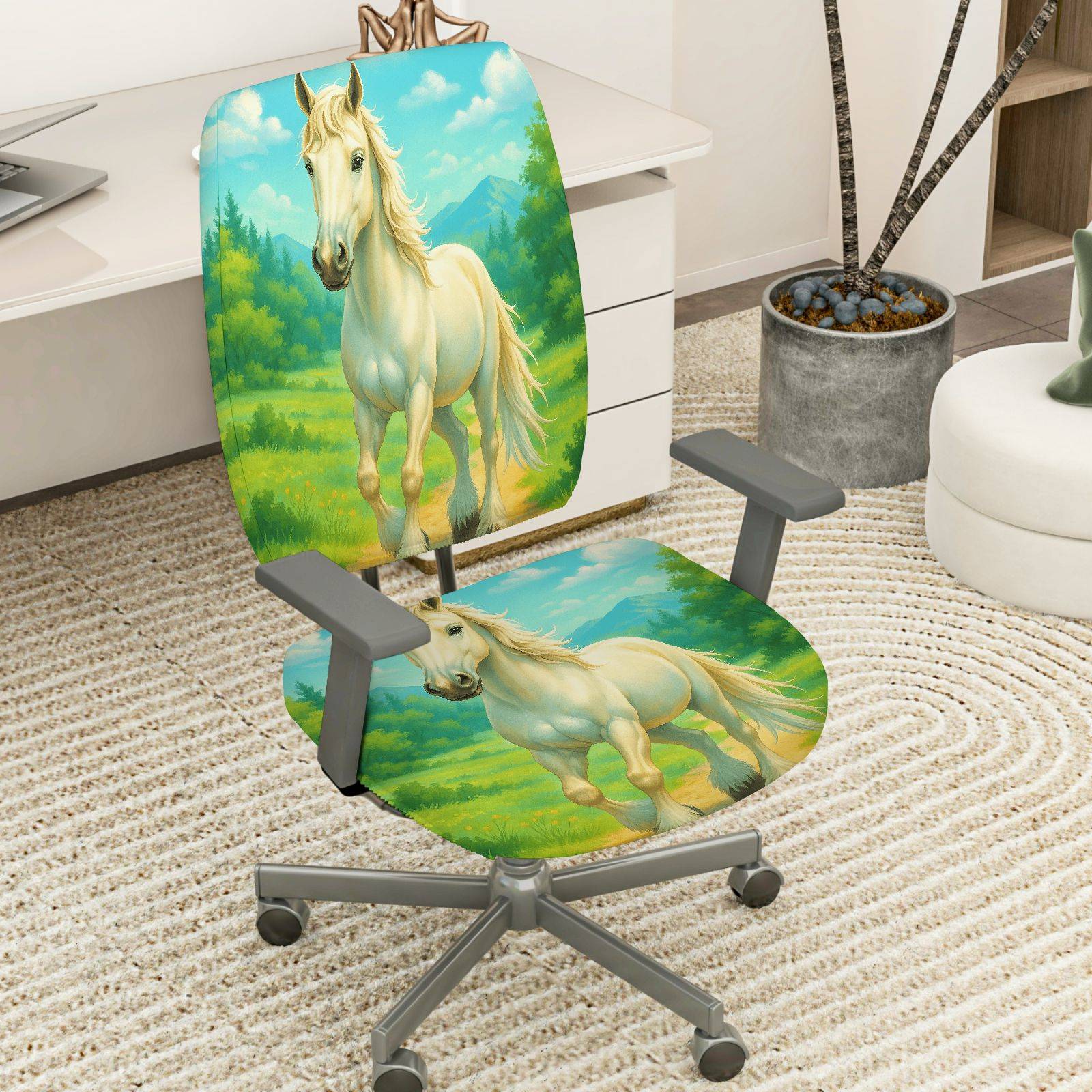 2-Piece Horse Nature Landscape Scenery Animal Art  Computer Chair Cover Set, Seat and Backrest