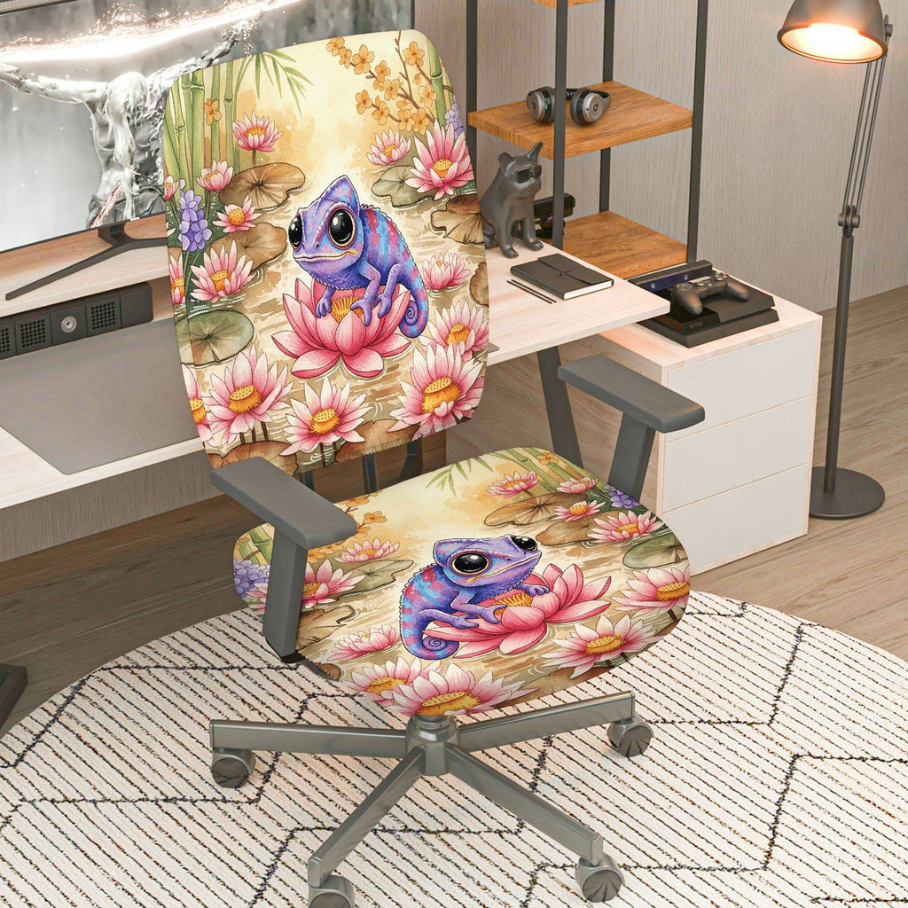 2-Piece Chameleon Lotus Flower Artistic Colorful Nature  Computer Chair Cover Set, Seat and Backrest