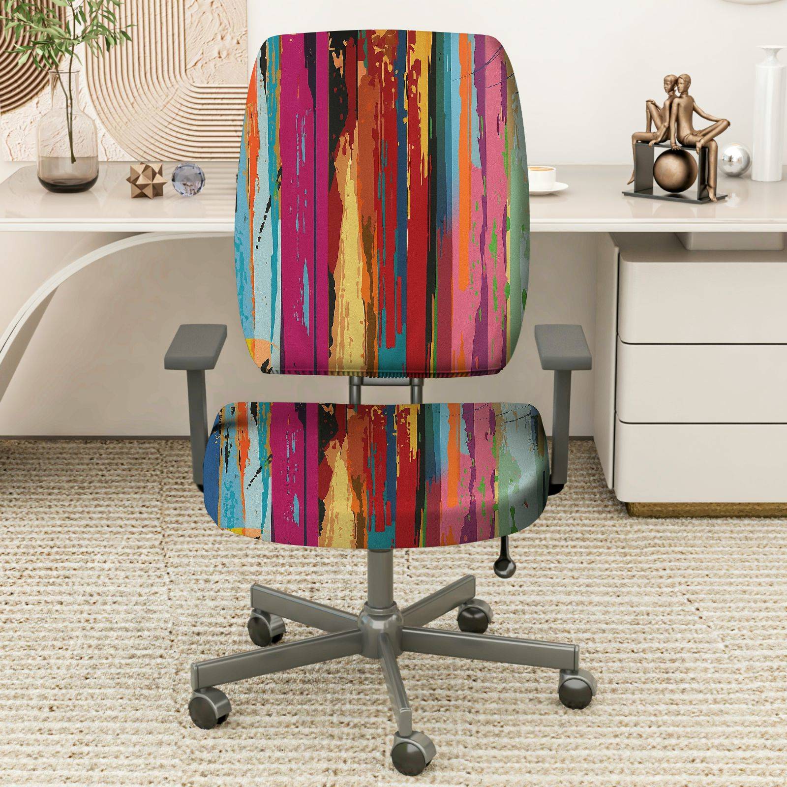 2-Piece Colorful Abstract Artistic Vibrant Striped Geometric  Computer Chair Cover Set, Seat and Backrest