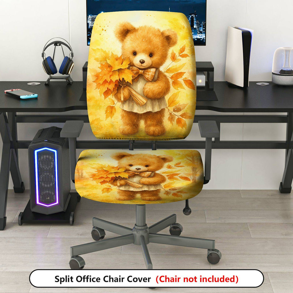 2-Piece Autumn Cute Bear Leaves Decorative  Computer Chair Cover Set, Seat and Backrest