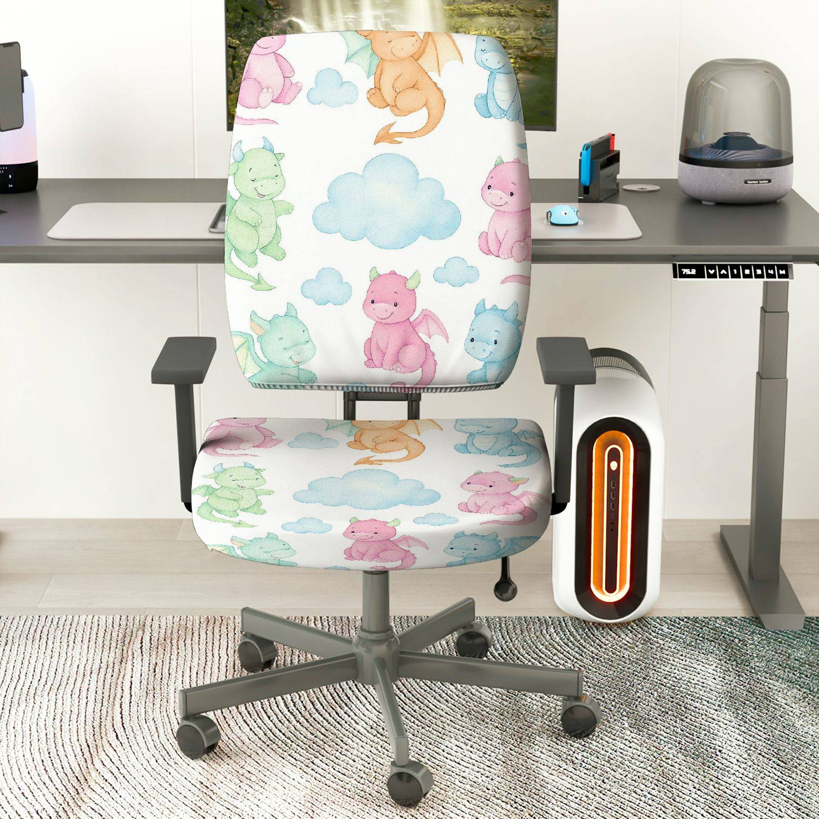 2-Piece Cute Dragon Cloud Colorful  Computer Chair Cover Set, Seat and Backrest