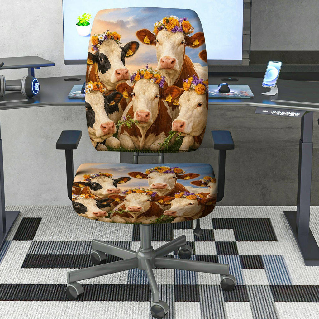 2-Piece Animal Nature Floral Art Cow  Computer Chair Cover Set, Seat and Backrest