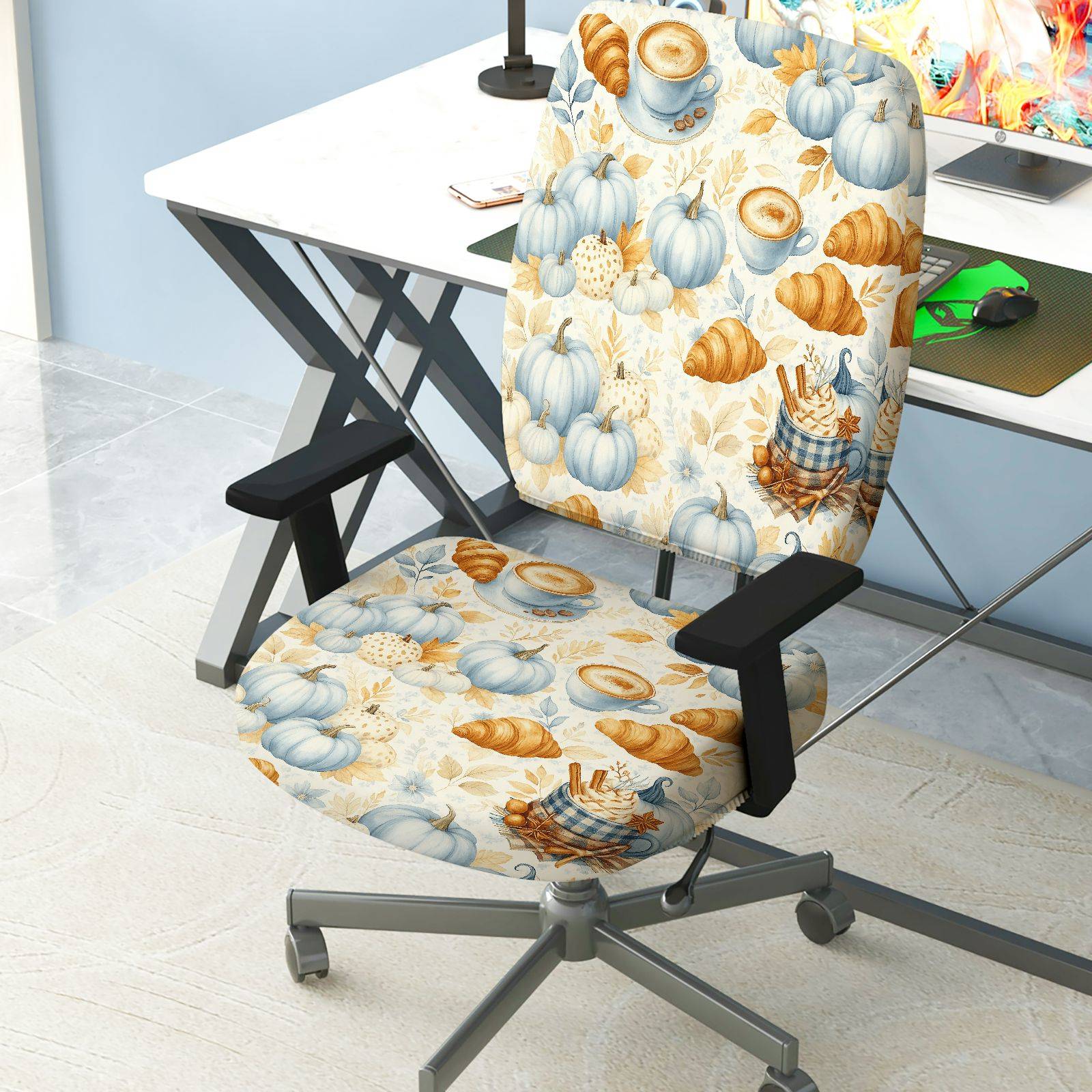 2-Piece Autumn Pumpkin Coffee Croissant Thanksgiving  Computer Chair Cover Set, Seat and Backrest