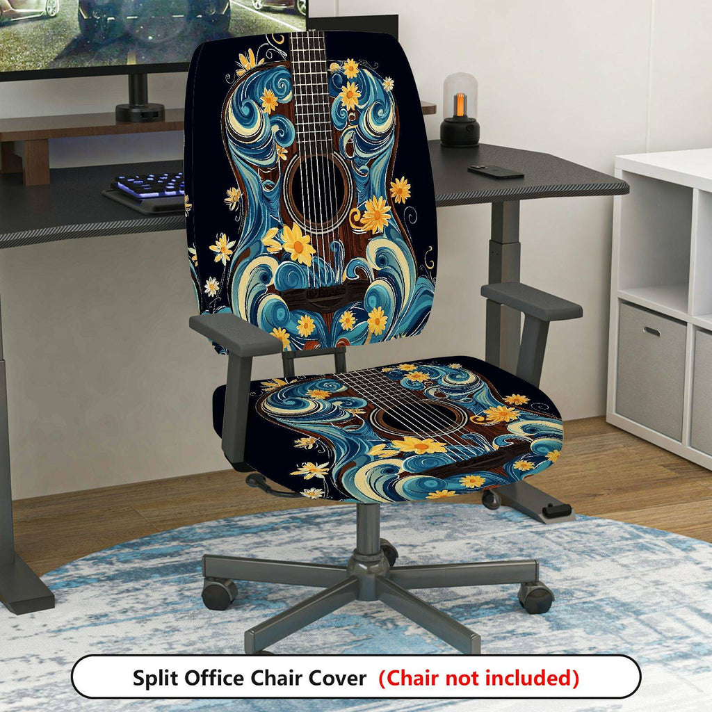 2-Piece Artistic Floral Guitar Blue  Computer Chair Cover Set, Seat and Backrest