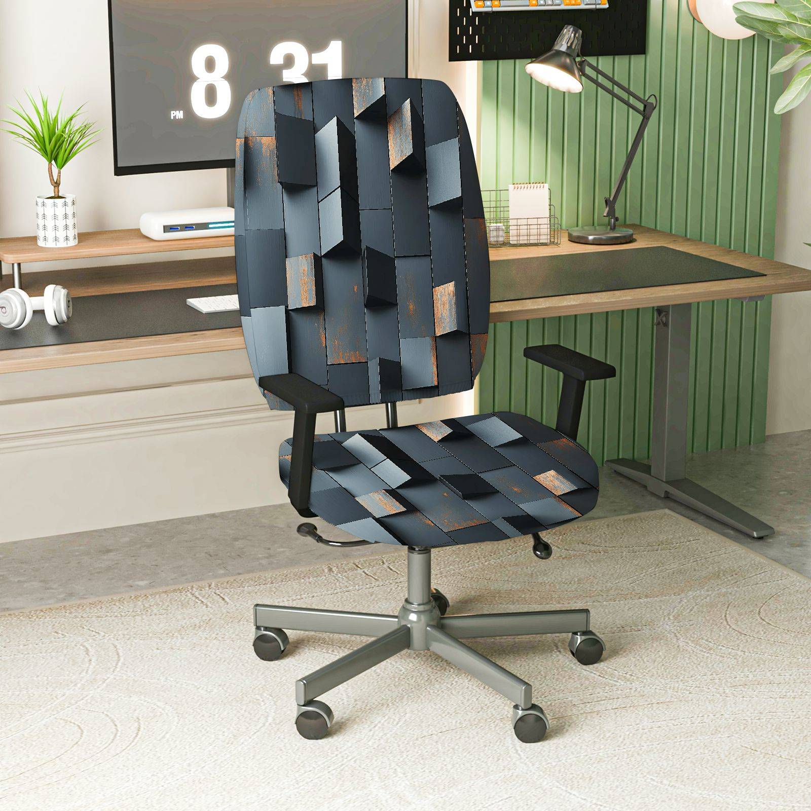 2-Piece Modern Geometric Pattern Dark Tone  Computer Chair Cover Set, Seat and Backrest