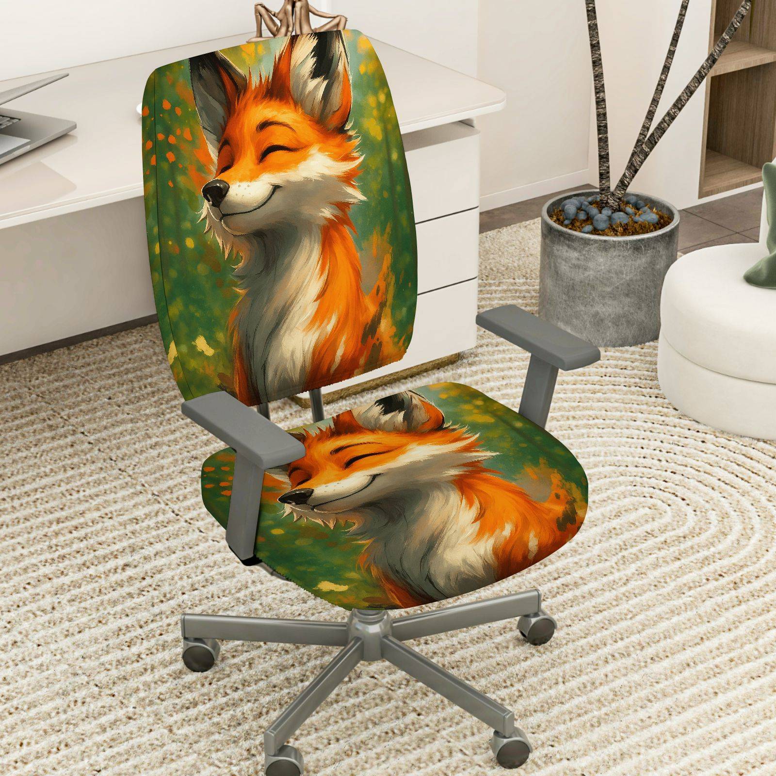 2-Piece Cute Fox Animal Art  Computer Chair Cover Set, Seat and Backrest