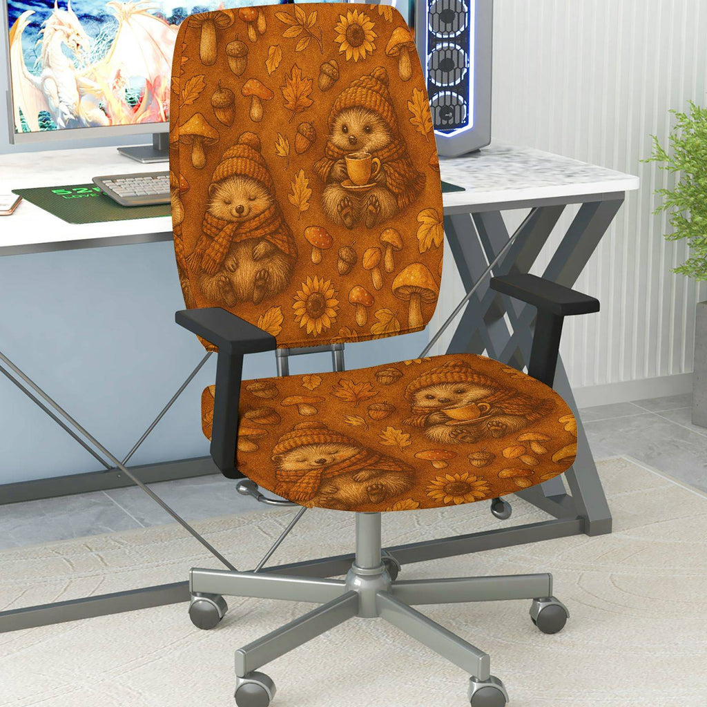 2-Piece Autumn Hedgehog Sunflower Leaf Mushroom  Computer Chair Cover Set, Seat and Backrest