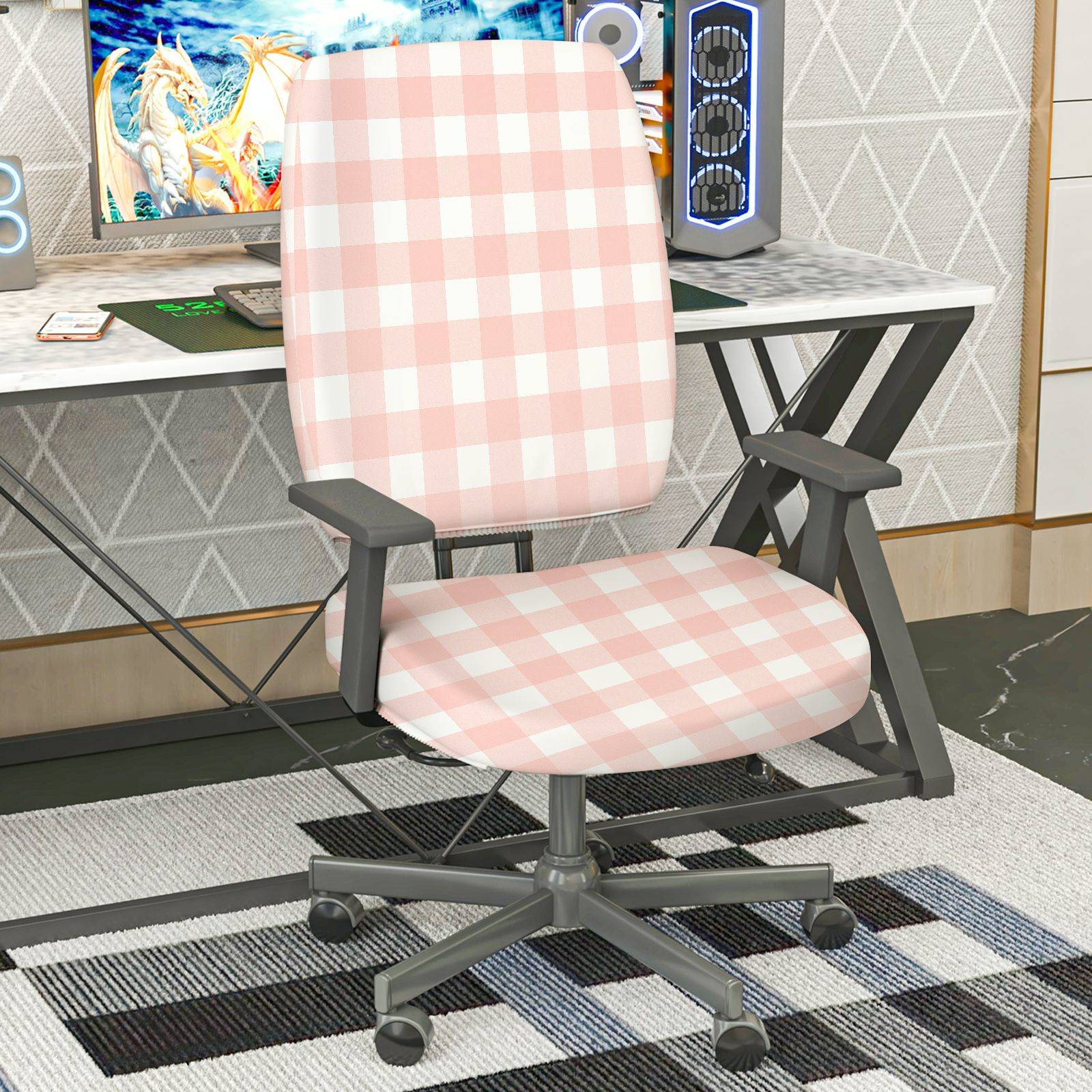 2-Piece Pink Plaid Checkered Pattern Modern  Computer Chair Cover Set, Seat and Backrest