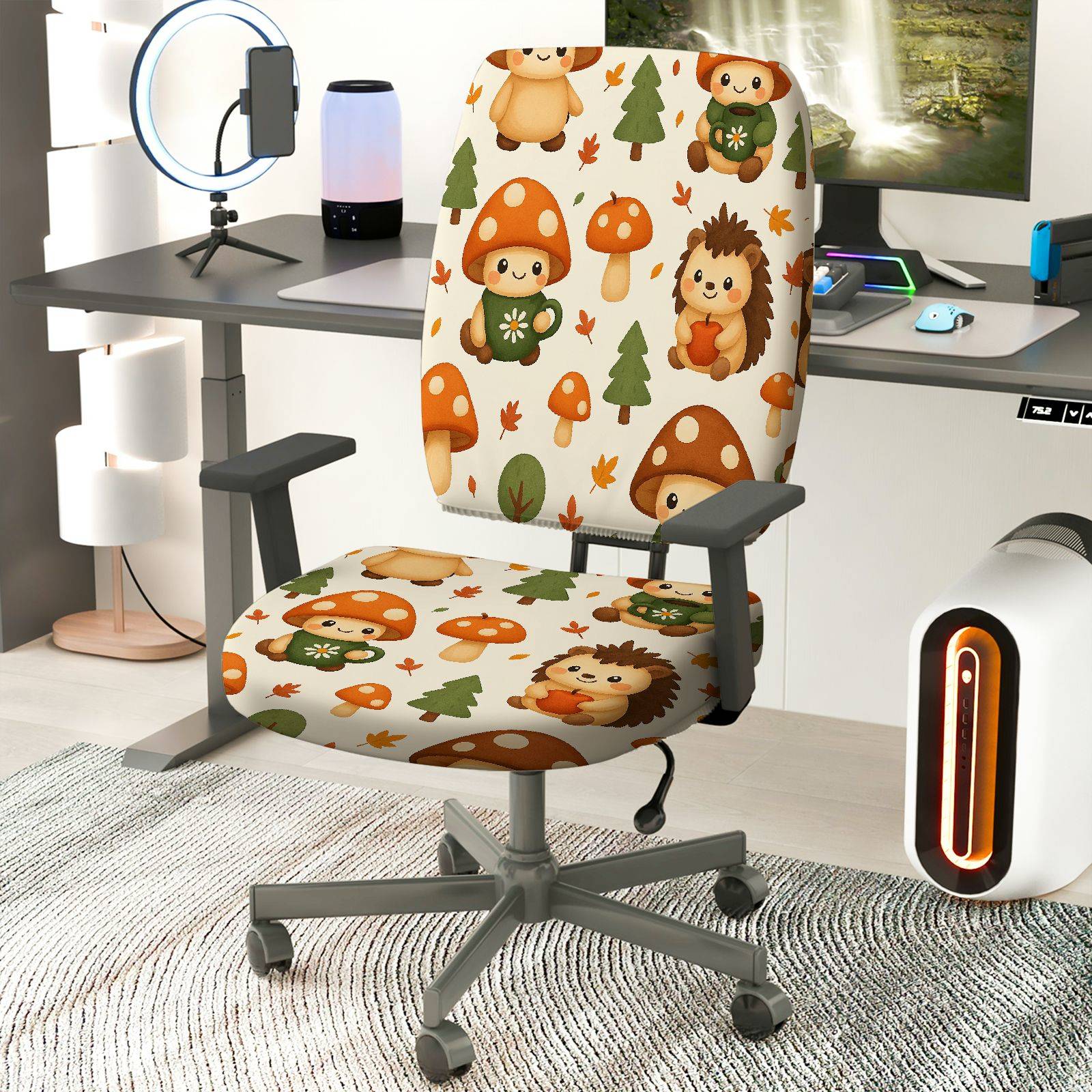 2-Piece Cute Forest Animal Mushroom Tree Hedgehog  Computer Chair Cover Set, Seat and Backrest