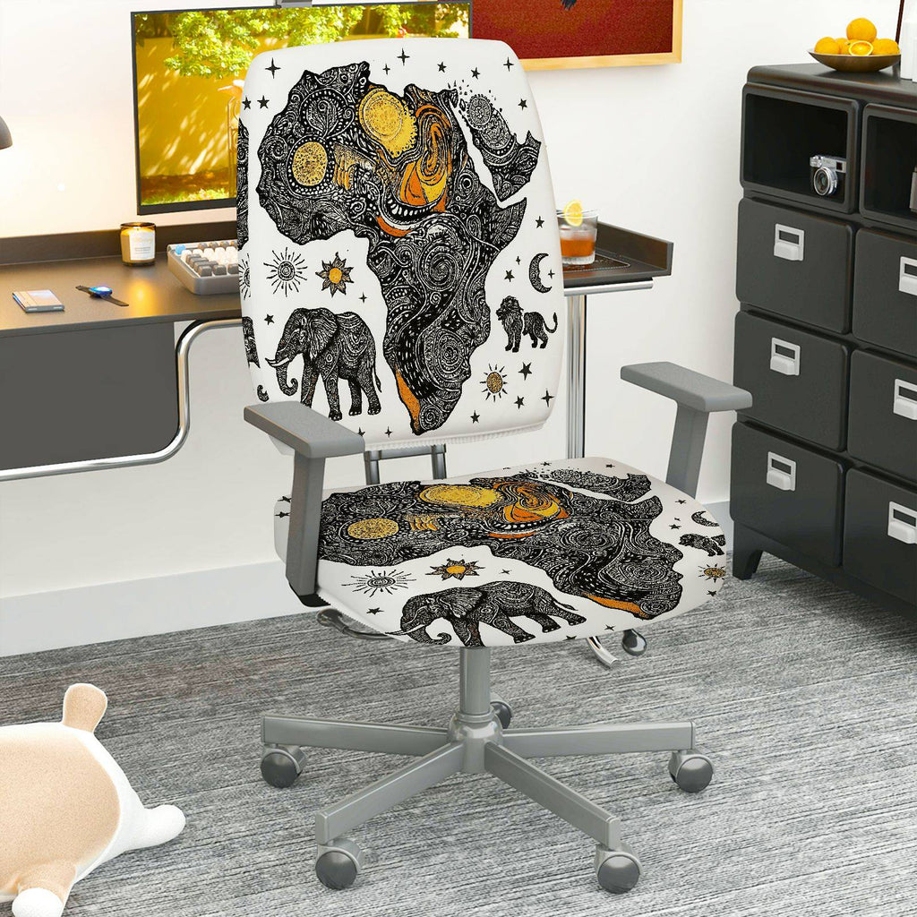 2-Piece African Continent Elephant Star Sun Moon  Computer Chair Cover Set, Seat and Backrest