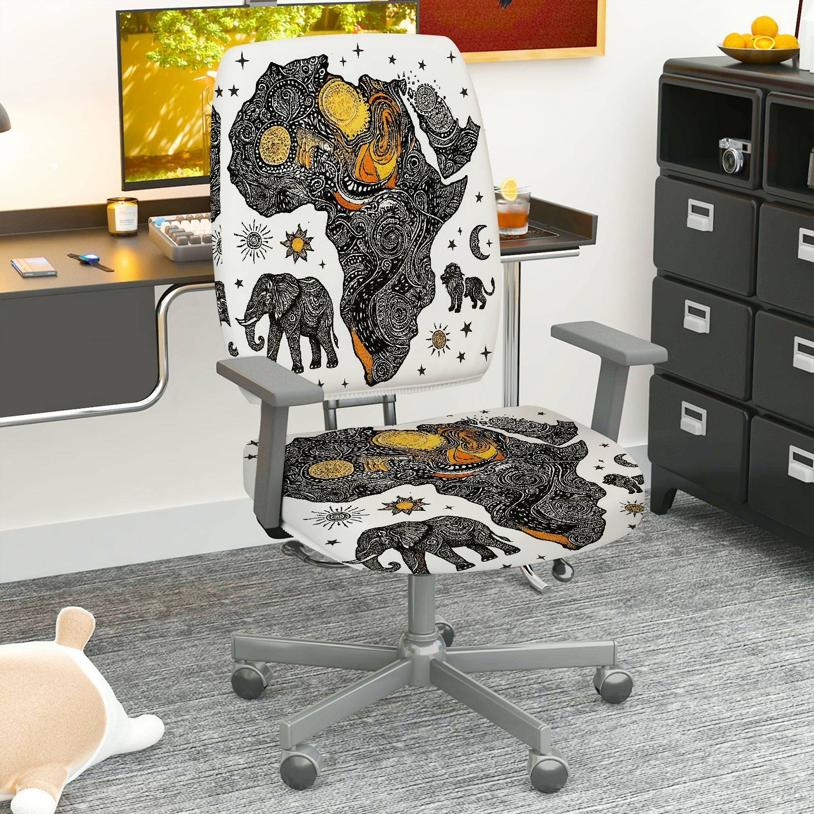 2-Piece African Continent Elephant Star Sun Moon  Computer Chair Cover Set, Seat and Backrest