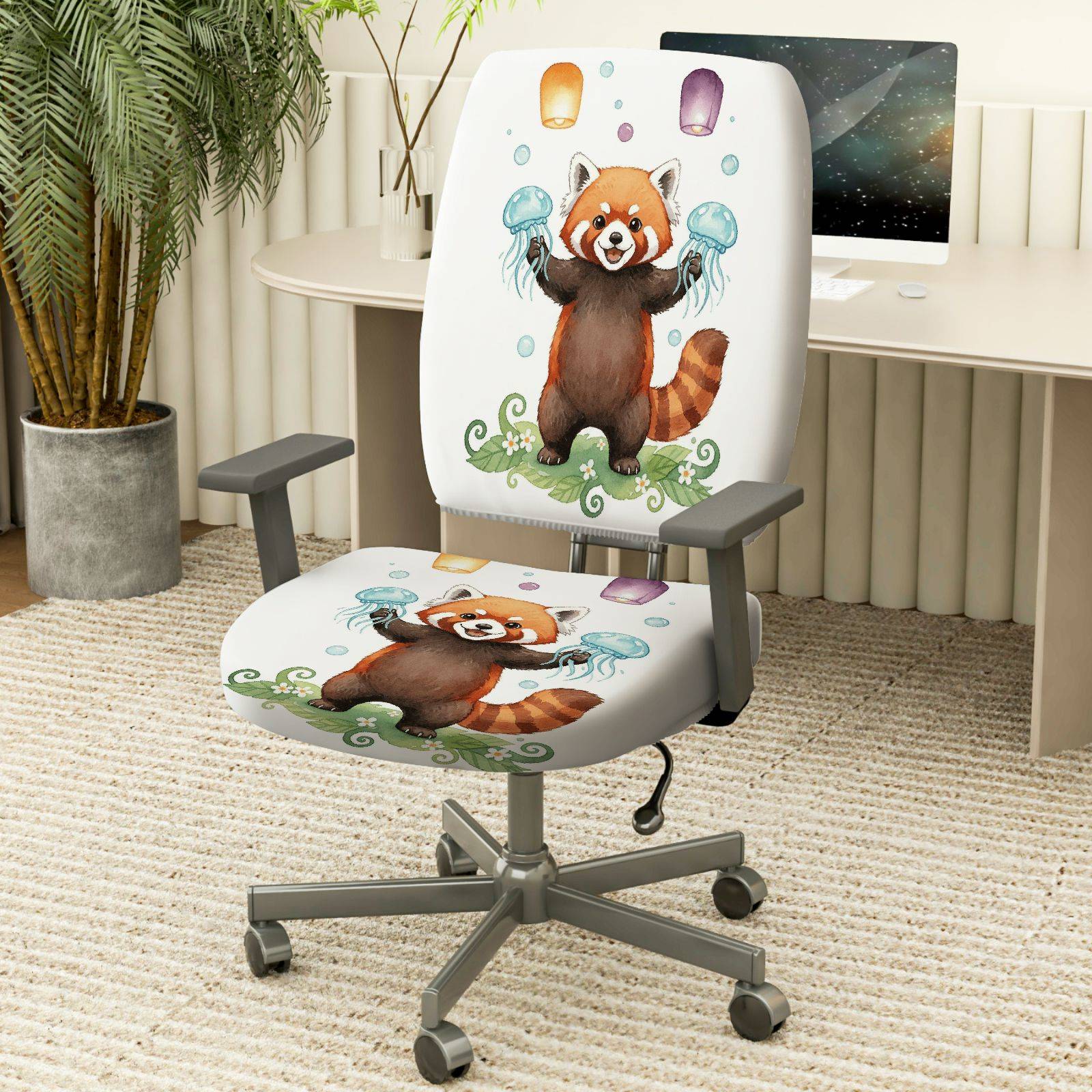 2-Piece Animal Red Panda Jellyfish Lantern  Computer Chair Cover Set, Seat and Backrest