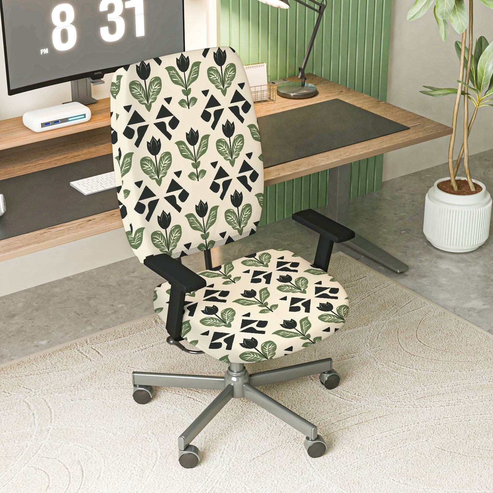 2-Piece Floral Geometric Green Leaf Pattern  Computer Chair Cover Set, Seat and Backrest