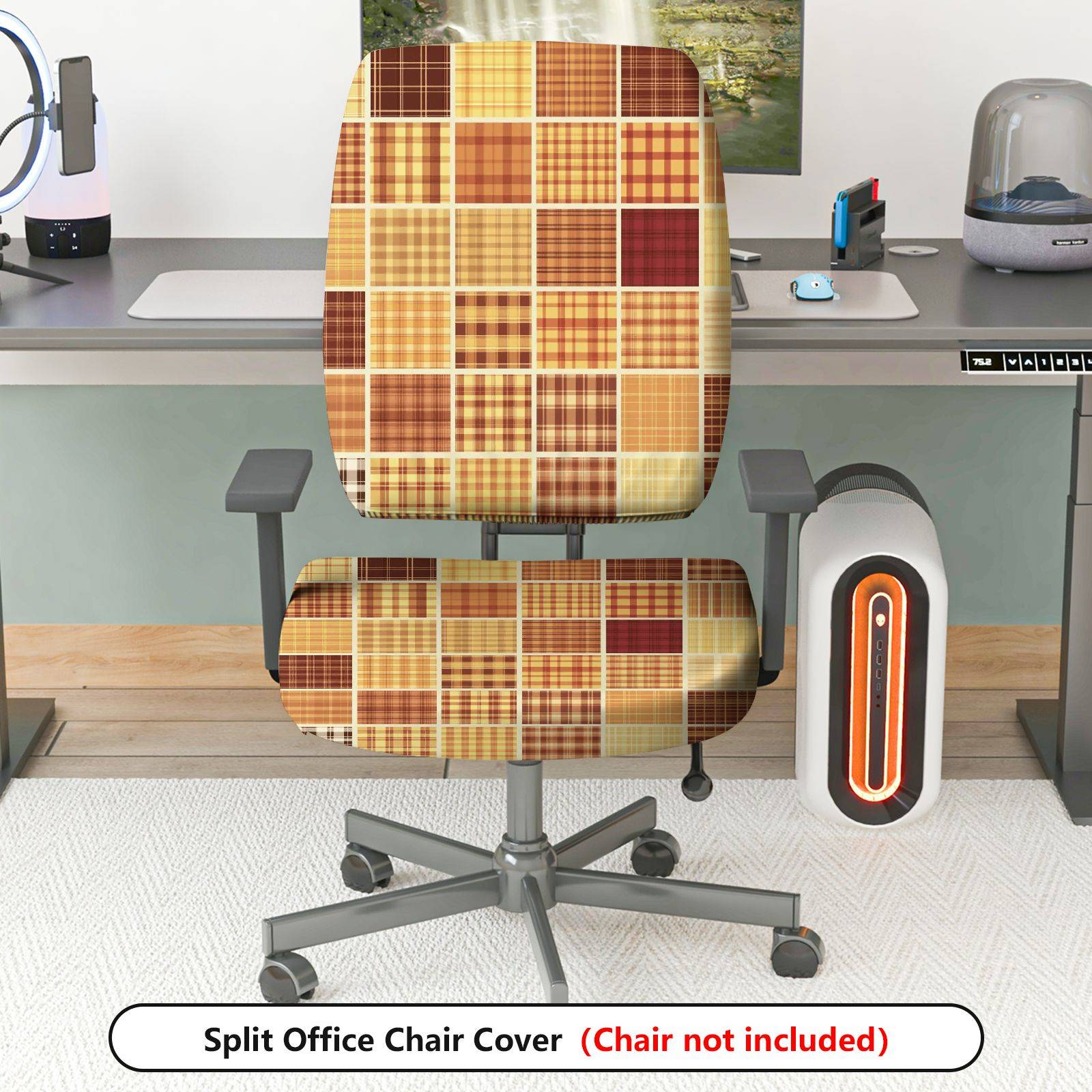 2-Piece Plaid Patchwork Geometric Vintage Brown  Computer Chair Cover Set, Seat and Backrest
