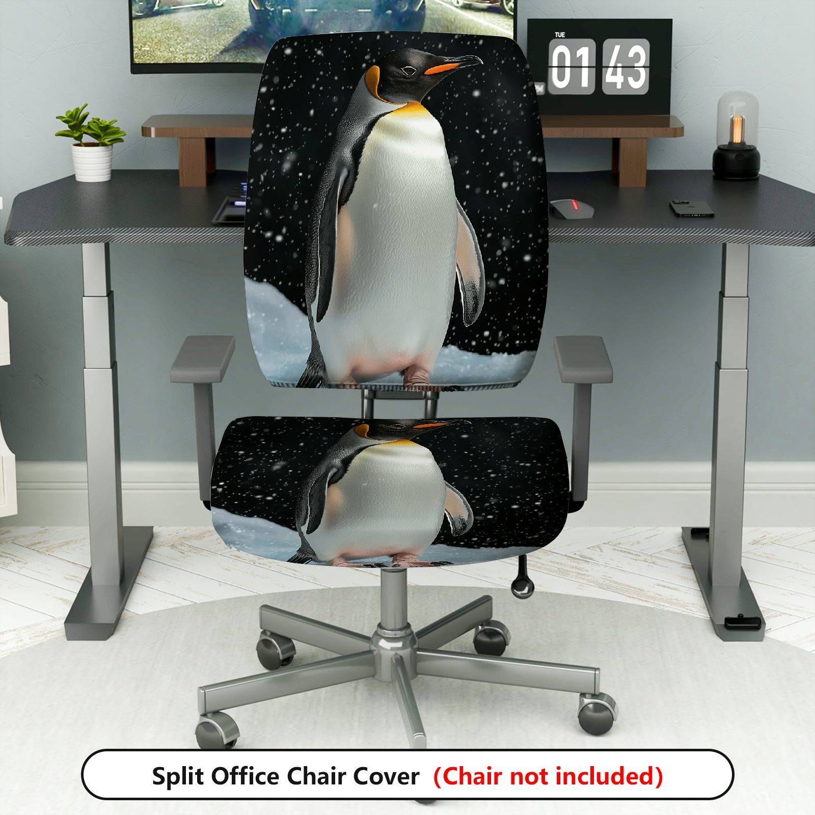 2-Piece Penguin Snow Winter Animal Nature Decor  Computer Chair Cover Set, Seat and Backrest