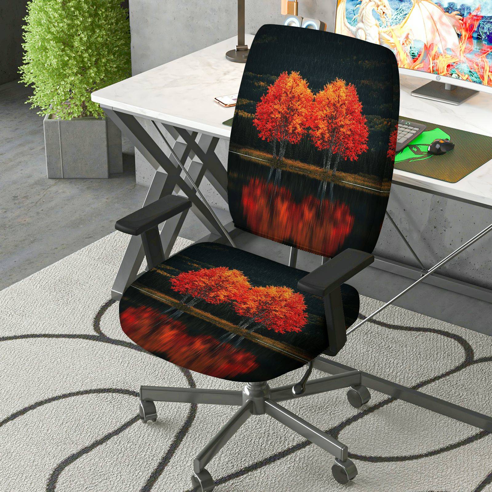2-Piece Autumn Tree Lake Reflection Scenic  Computer Chair Cover Set, Seat and Backrest