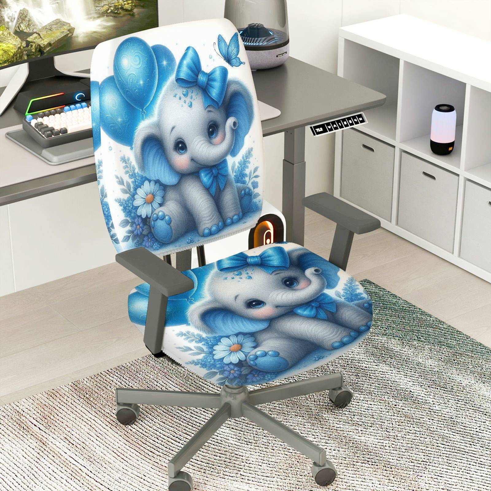 2-Piece Cute Elephant Blue Flowers Butterfly Balloons  Computer Chair Cover Set, Seat and Backrest