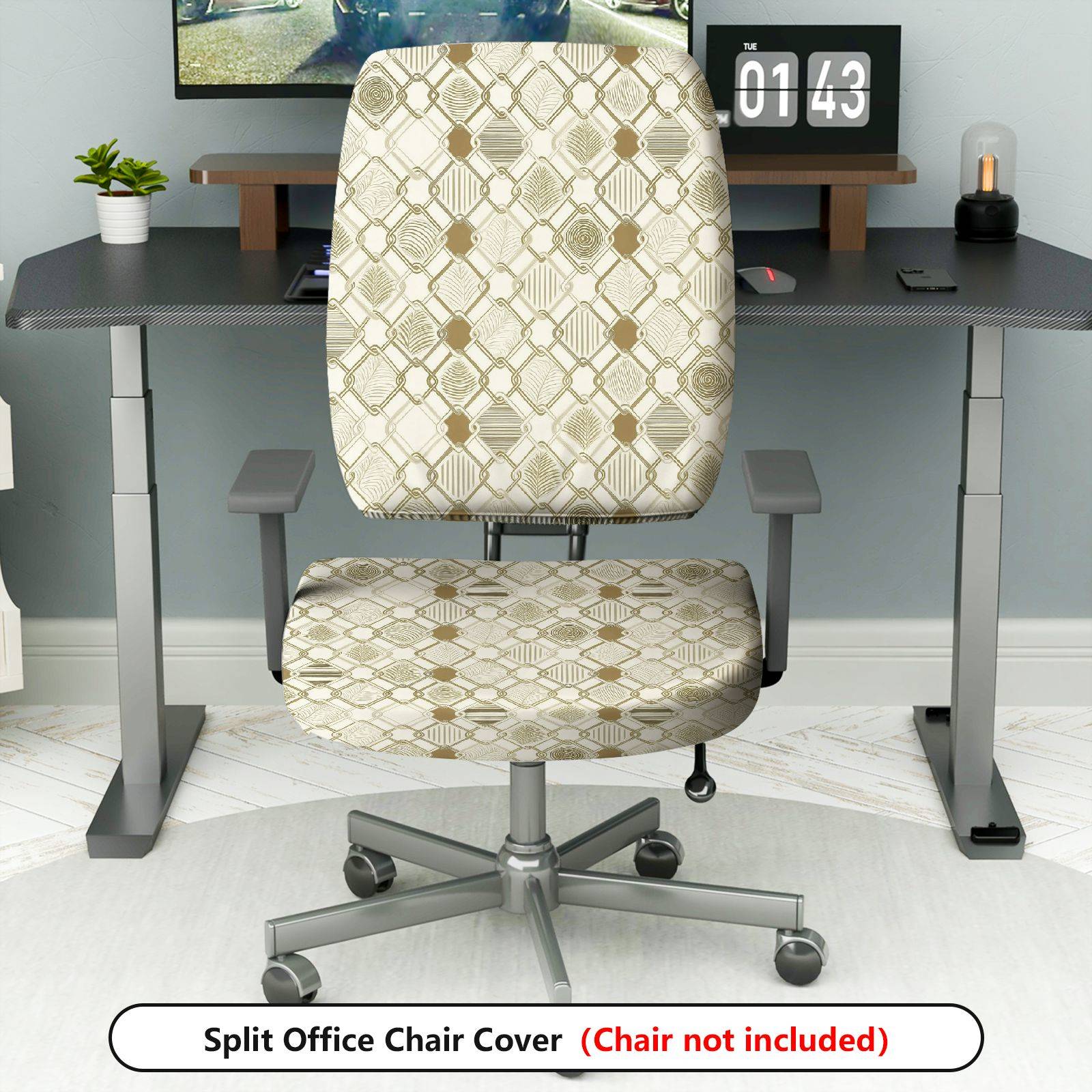 2-Piece Geometric Pattern Gold Beige Art  Computer Chair Cover Set, Seat and Backrest