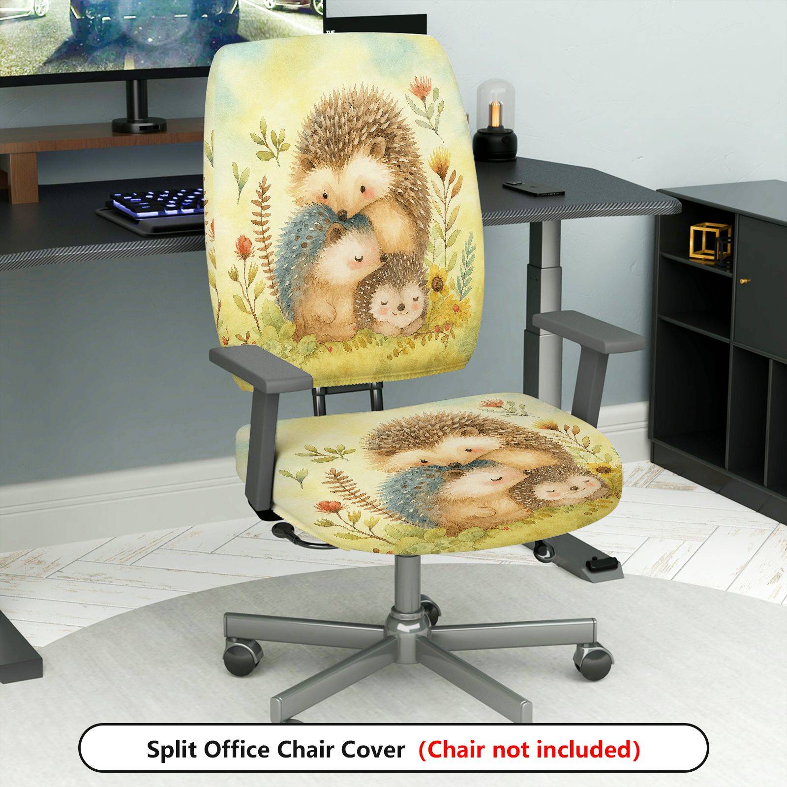 2-Piece Animal Pattern Cute Hedgehog Nature Floral  Computer Chair Cover Set, Seat and Backrest