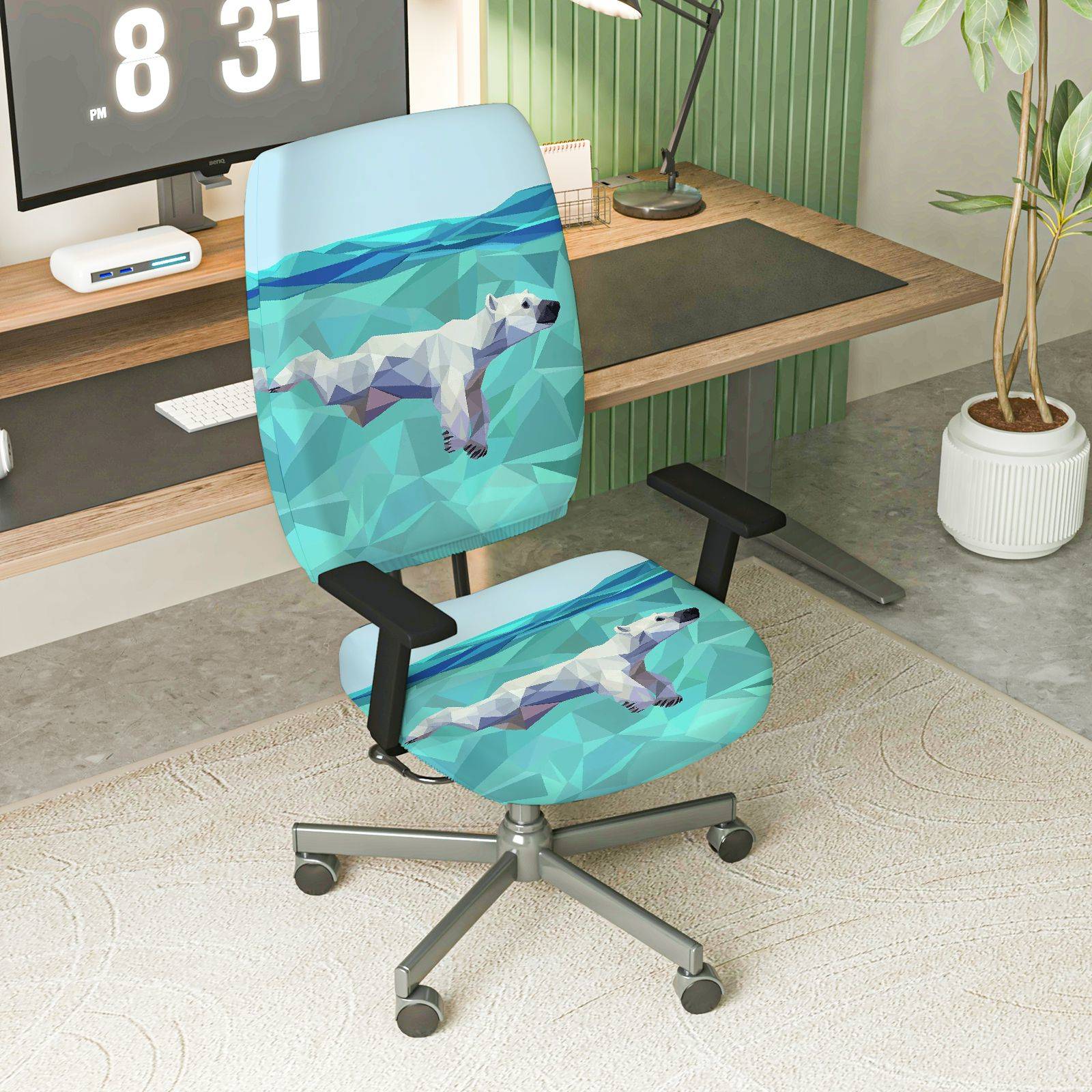 2-Piece Geometric Animal Polar Bear Blue Green Arctic Adjustable  Computer Chair Cover Set, Seat and Backrest